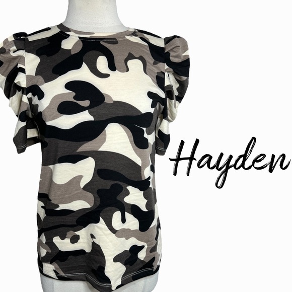 Hayden black and brown camo puff shoulder short sleeve top Sz small - Picture 1 of 7